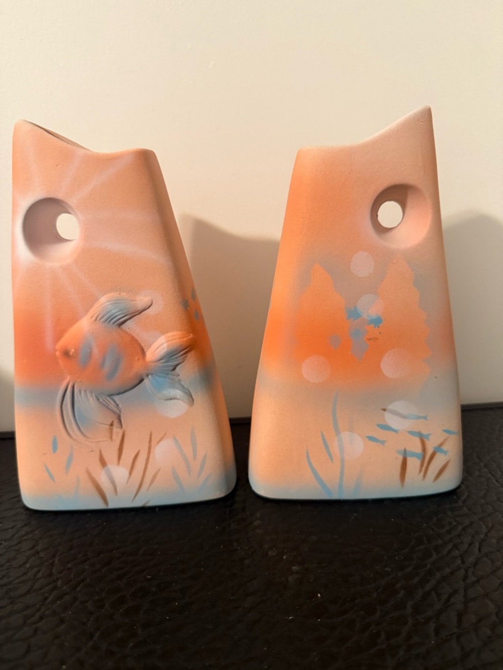 Ceramic Fish Decoration Vase Orange Blue And Pink Color 8 1/4 Inches Tall